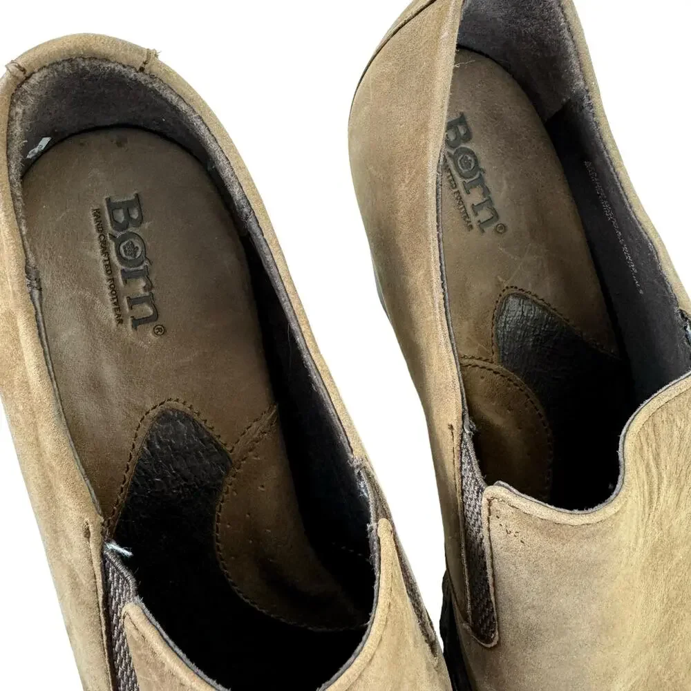 Born Gertrude‎ Distressed Brown Leather Pull On Block Heel Booties Women's Sz 10